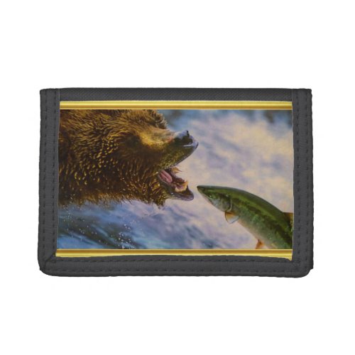 Steelhead salmon jumping into grizzly bears mouth tri_fold wallet