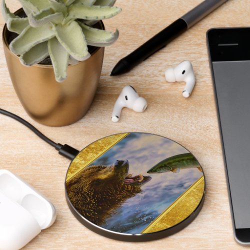 Steelhead salmon jumping into grizzly bears mouth wireless charger 