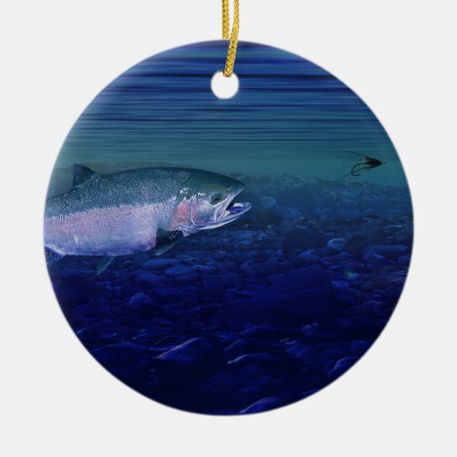 Steelhead taking a fly ceramic ornament (Front)