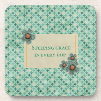 "Steeping Grace in Every Cup" Teal Geometric Beverage Coaster