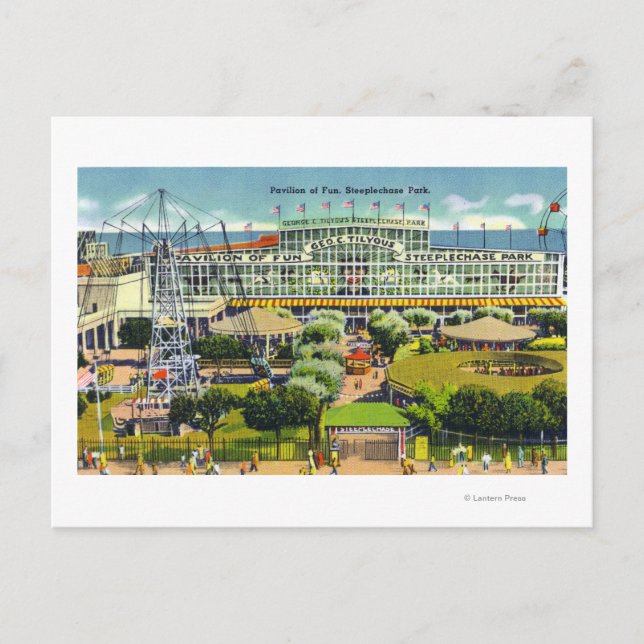 Steeplechase Park View of Pavilion of Fun Postcard (Front)