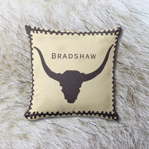 Steer Skull Industrial Brown Faux Leather Throw Pillow