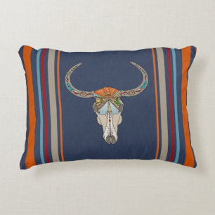 Steer Skull Southwest Desert Sunset Stripes Accent Pillow