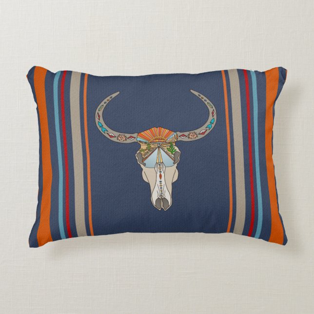 Steer Skull Southwest Desert Sunset Stripes Accent Pillow (Front)