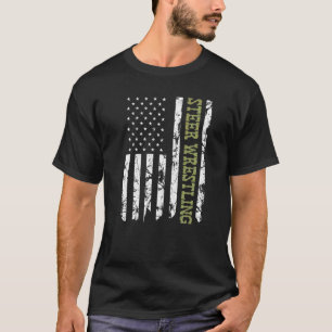 Steer Wrestling Patriotic American Flag Rodeo Bull T-Shirt