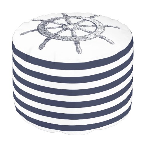 Steering Wheel and Navy Blue Striped Round Pouf