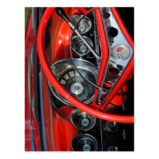Steering wheel of the old timer postcard