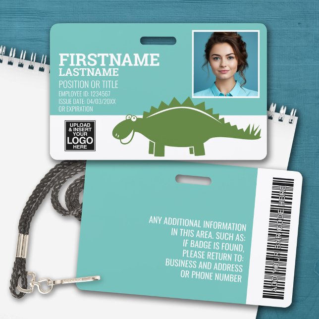 Stegasaurus Pediatrician Day Care Employee Photo Badge (Personalized Name Badge with Photo and Company Logo)