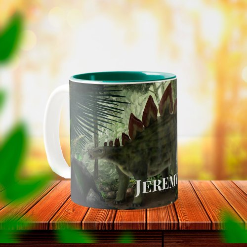 Stegosaurus and Deinonychus Dinosaurs Two_Tone Coffee Mug