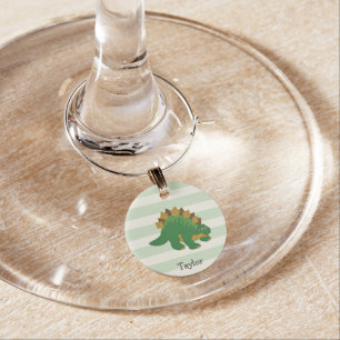 Stegosaurus on Pastel Green Stripes Wine Charm