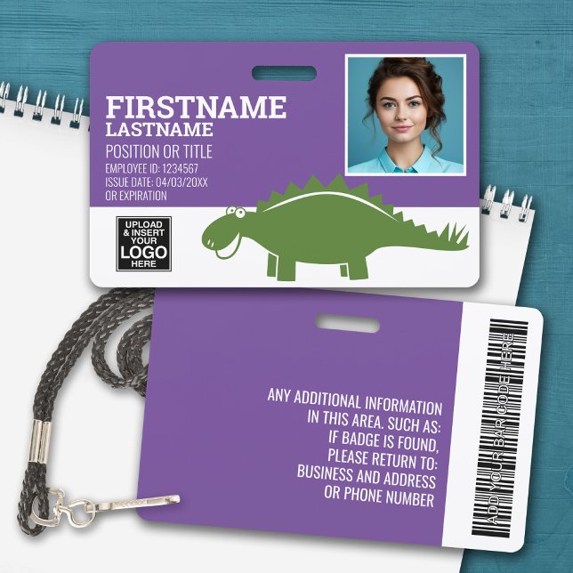 Stegosaurus Pediatrician Day Care Employee Photo Badge (Personalized Name Badge with Photo and Company Logo)