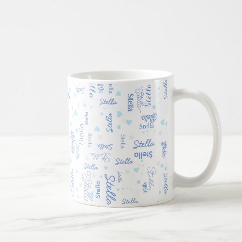 Stella custom name blue hearts and stars on white coffee mug