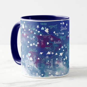 Stella Custom Name Full Of Hearts And Stars Blue Mug by mixedworld at Zazzle
