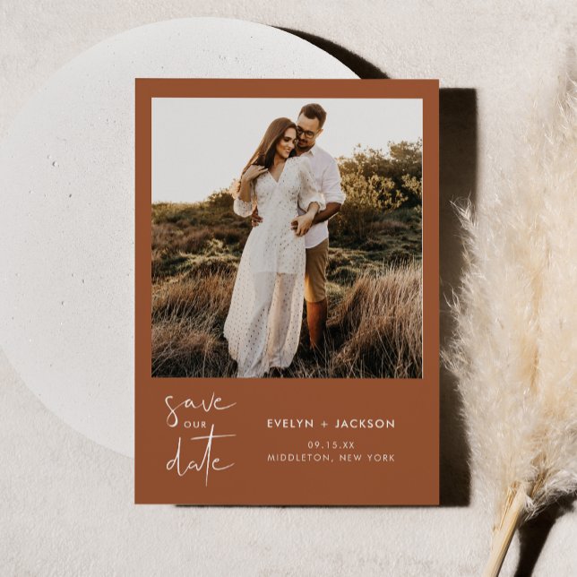 STELLA Modern Edgy Photo Save The Date Rust Invitation (Creator Uploaded)