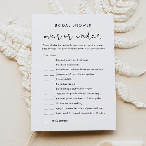 STELLA Over Or Under Bridal Shower Game Card