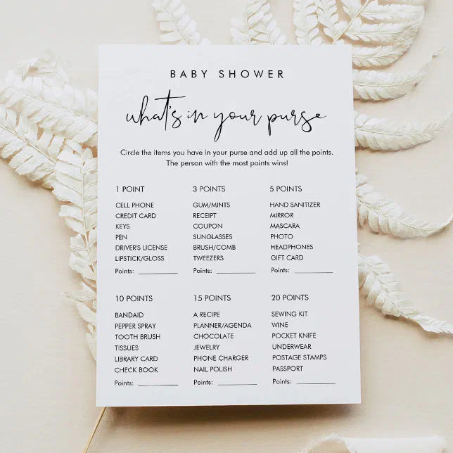 STELLA Whats In Your Purse Baby Shower Game Card | Zazzle