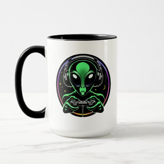 Stellar Button Smasher | Alien Playing Video Games Mug (Left)
