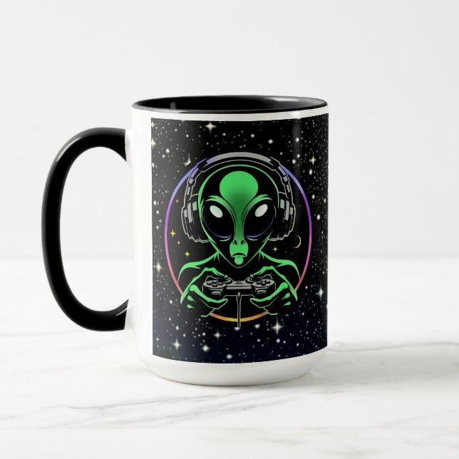 Stellar Button Smasher | Alien Playing Video Games Mug (Left)