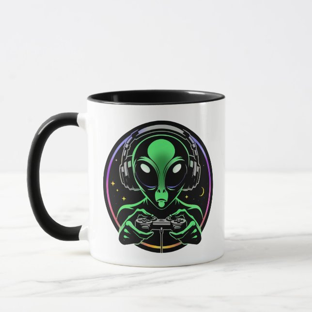 Stellar Button Smasher | Alien Playing Video Games Mug (Left)