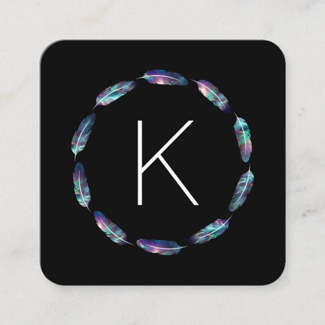 Stellar Feather Pattern with Monogram Square Business Card (Front)