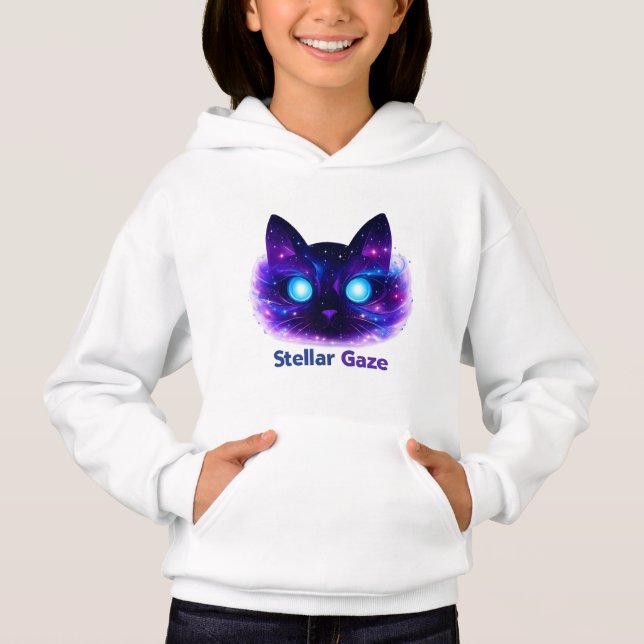 Stellar Gaze Cosmic Cat Kids Hoodie (Front)