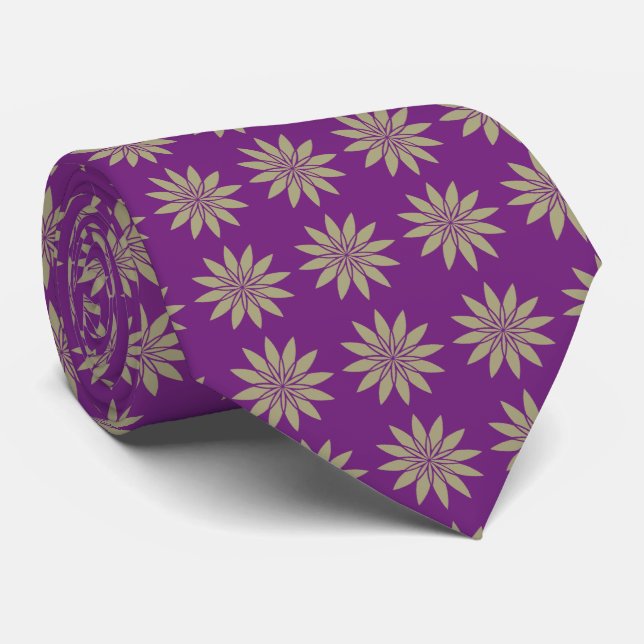 Stellar Geometric Floral Violet & Khaki Two-Sided Neck Tie (Rolled)