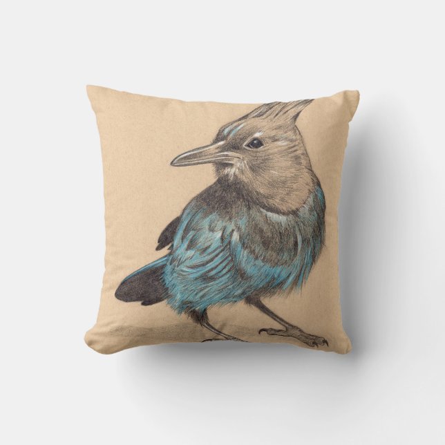 Stellars Jay drawing on toned paper Throw Pillow (Front)