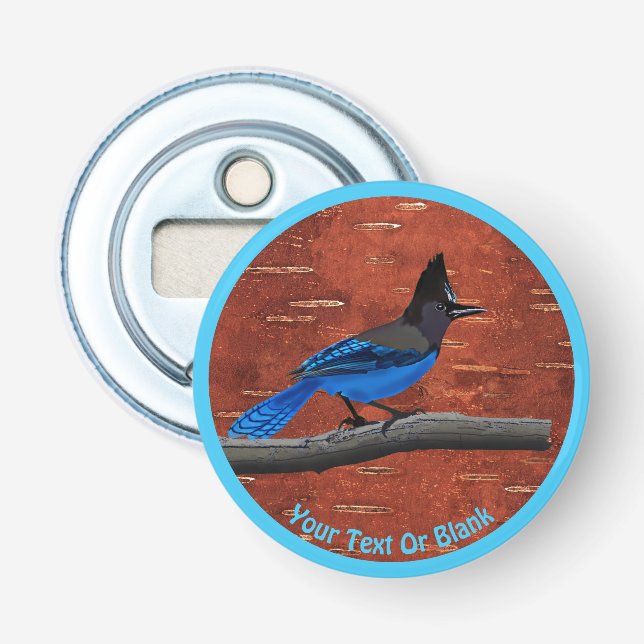 Steller's Jay On Inner Birch Bark Bottle Opener (Front)