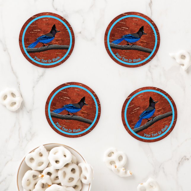 Steller's Jay On Inner Birch Bark Coaster Set (In Situ)