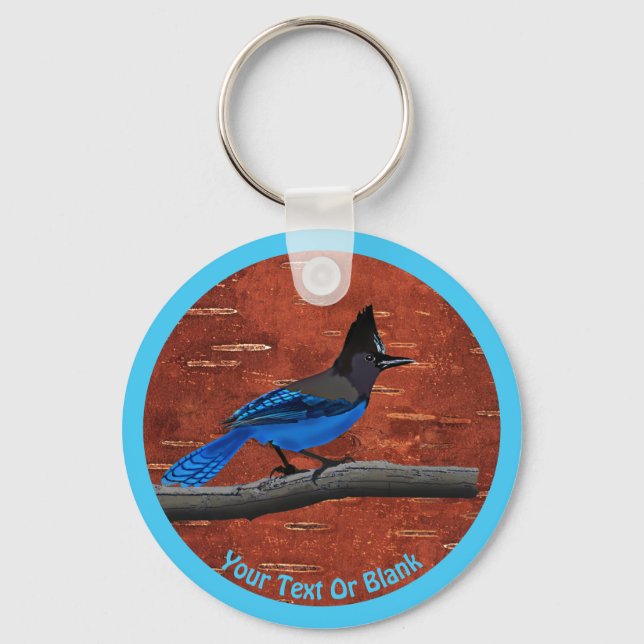 Steller's Jay On Inner Birch Bark Keychain (Front)
