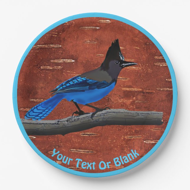 Steller's Jay On Inner Birch Bark Paper Plates (Front)