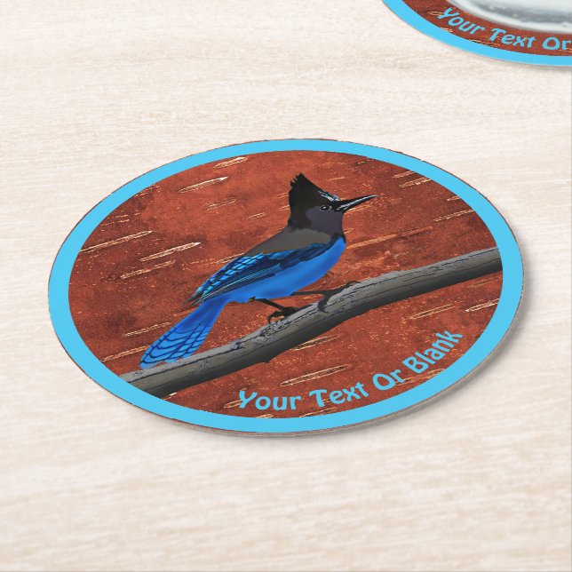 Steller's Jay On Inner Birch Bark Round Paper Coaster (Angled)