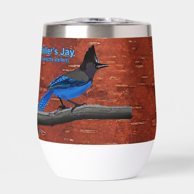 Steller's Jay On Inner Birch Bark Thermal Wine Tumbler (Front)