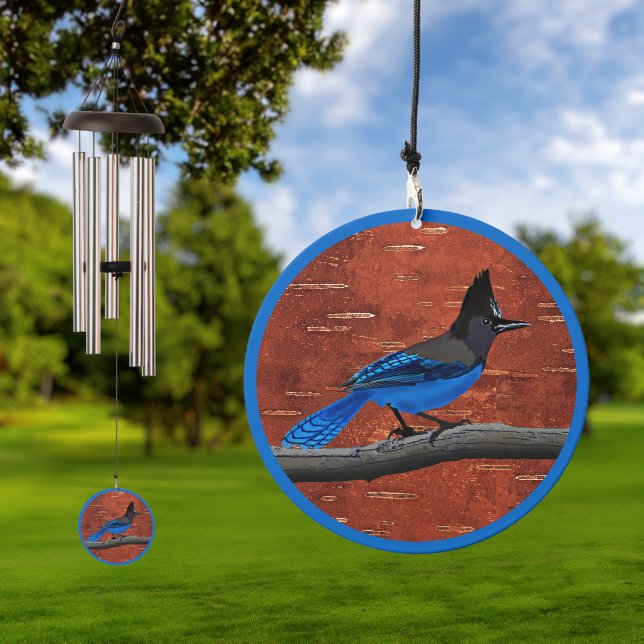 Steller's Jay On Inner Birch Bark Wind Chime (Outdoor)