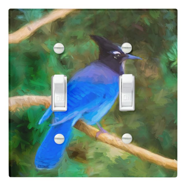 Steller's Jay Painting - Original Bird Art Light Switch Cover (In Situ)