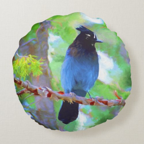 Stellers Jay Painting _ Original Bird Art Round Pillow