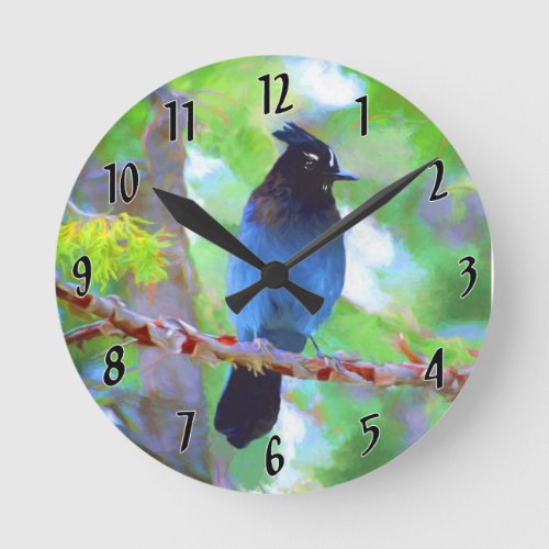 Stellers Jay Painting _ Original Wild Bird Art Round Clock