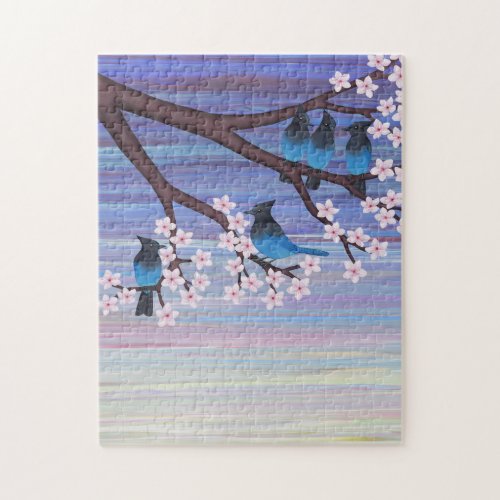 stellers jays  cherry blossoms jigsaw puzzle