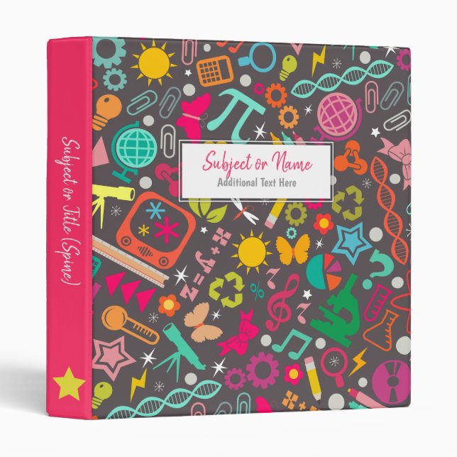 STEM Girls Rock School Pattern Grey 3 Ring Binder (Front/Spine)