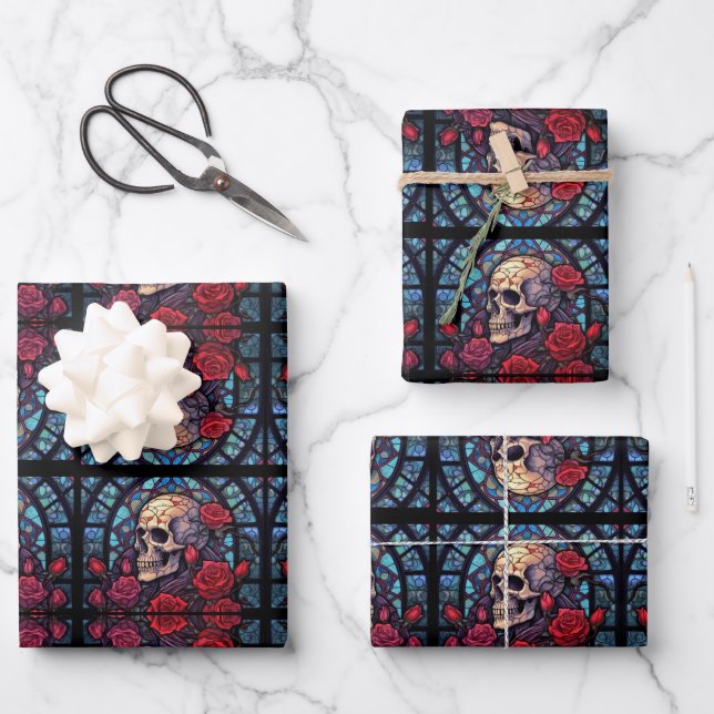 Stems and Stones Skull & Roses Wrapping Paper Sheets (Front)