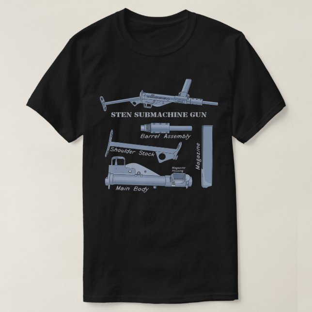 Sten Gun British WW2 Submachine Guns Diagram  T-Shirt (Design Front)