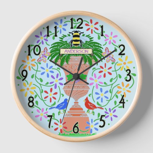 Stencil Flower Urn Bee and Birds Custom Blue Clock