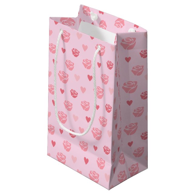 Stenciled Pink Rose and Hearts Patterned Gift Bag (Front Angled)