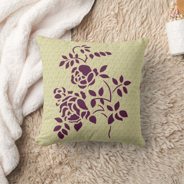 Stenciled Plum Roses Floral Art Throw Pillow (Blanket)