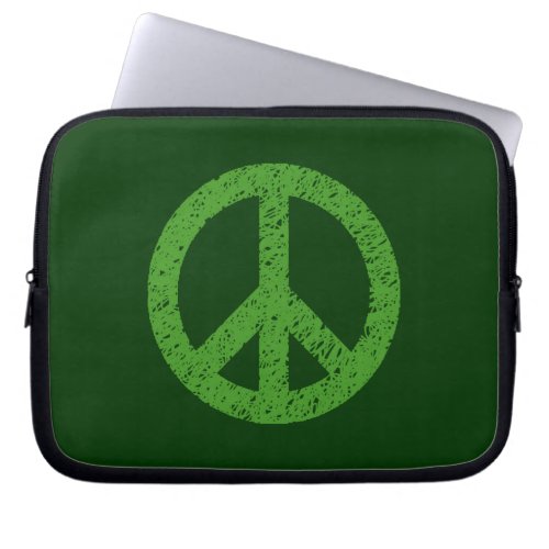 Stencilled Peace Symbol _ Avocado Grn on Dk Grn Laptop Sleeve