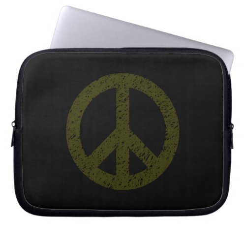 Stencilled Peace Symbol _ Dark Olive on Black Laptop Sleeve