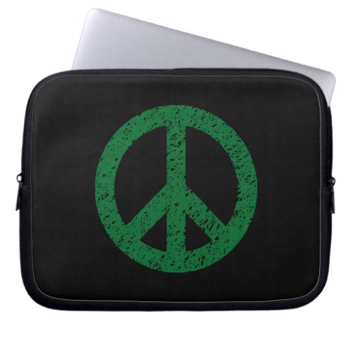 Stencilled Peace Symbol _ Dk Grn on Blk Laptop Sleeve