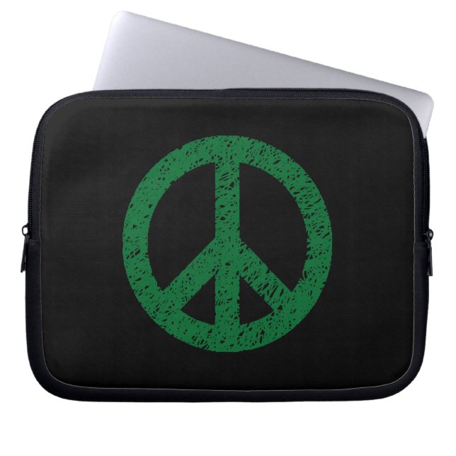 Stencilled Peace Symbol - Dk Grn on Blk Laptop Sleeve (Front)