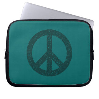 Stencilled Peace Symbol - Dk Grn on Teal Laptop Sleeve