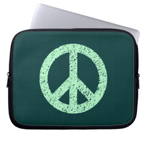 Stencilled Peace Symbol _ Ghost Grn on Dk Grn Laptop Sleeve